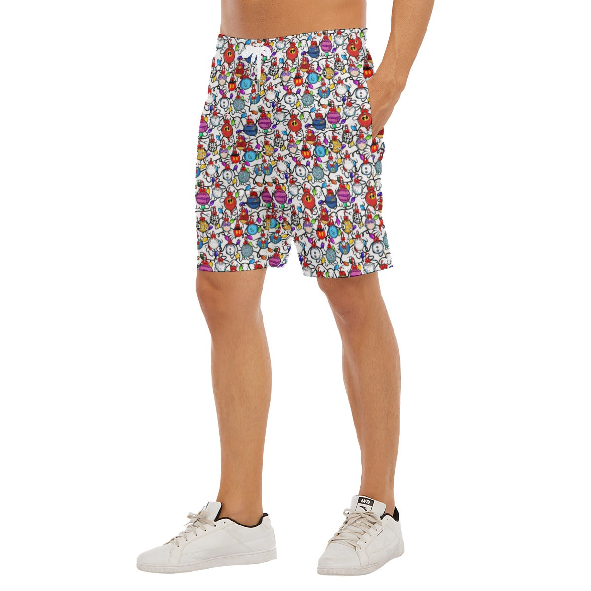 Festive Character Baubles on White - Men’s Pocket Beach Shorts