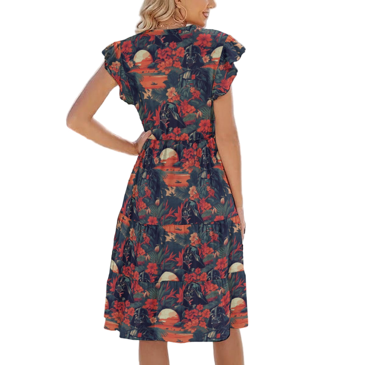 Tropical Dark Side Escape - Women's Tiered Pocket Midi Dress