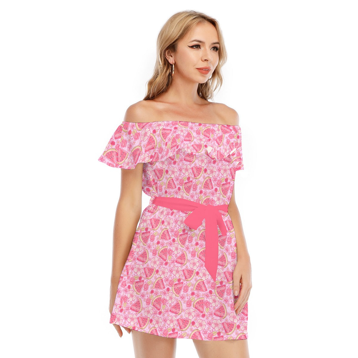 Summer Fruits - Watermelon - Women's Off-shoulder Ruffle Dress