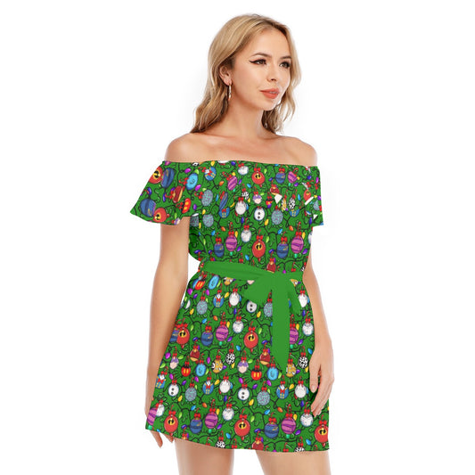 Festive Character Baubles on Green - Women's Off-shoulder Ruffle Dress