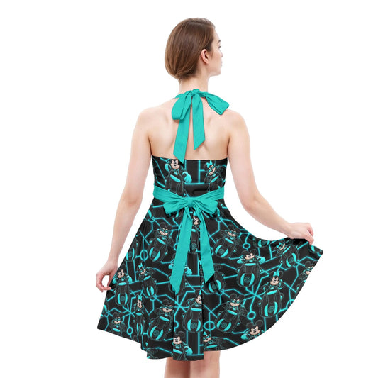 Electric Neon Grid Adventure - Women's Halter Vintage Pocket Dress