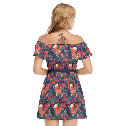 Tropical Dark Side Escape - Women's Off-shoulder Ruffle Dress
