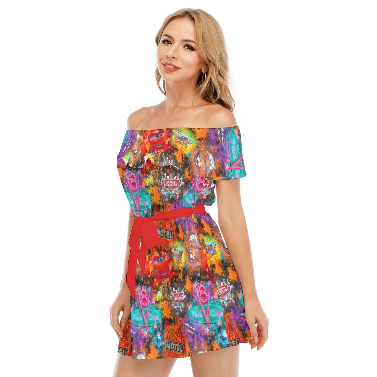 Watercolor Racing Adventure - Women's Off-shoulder Ruffle Dress