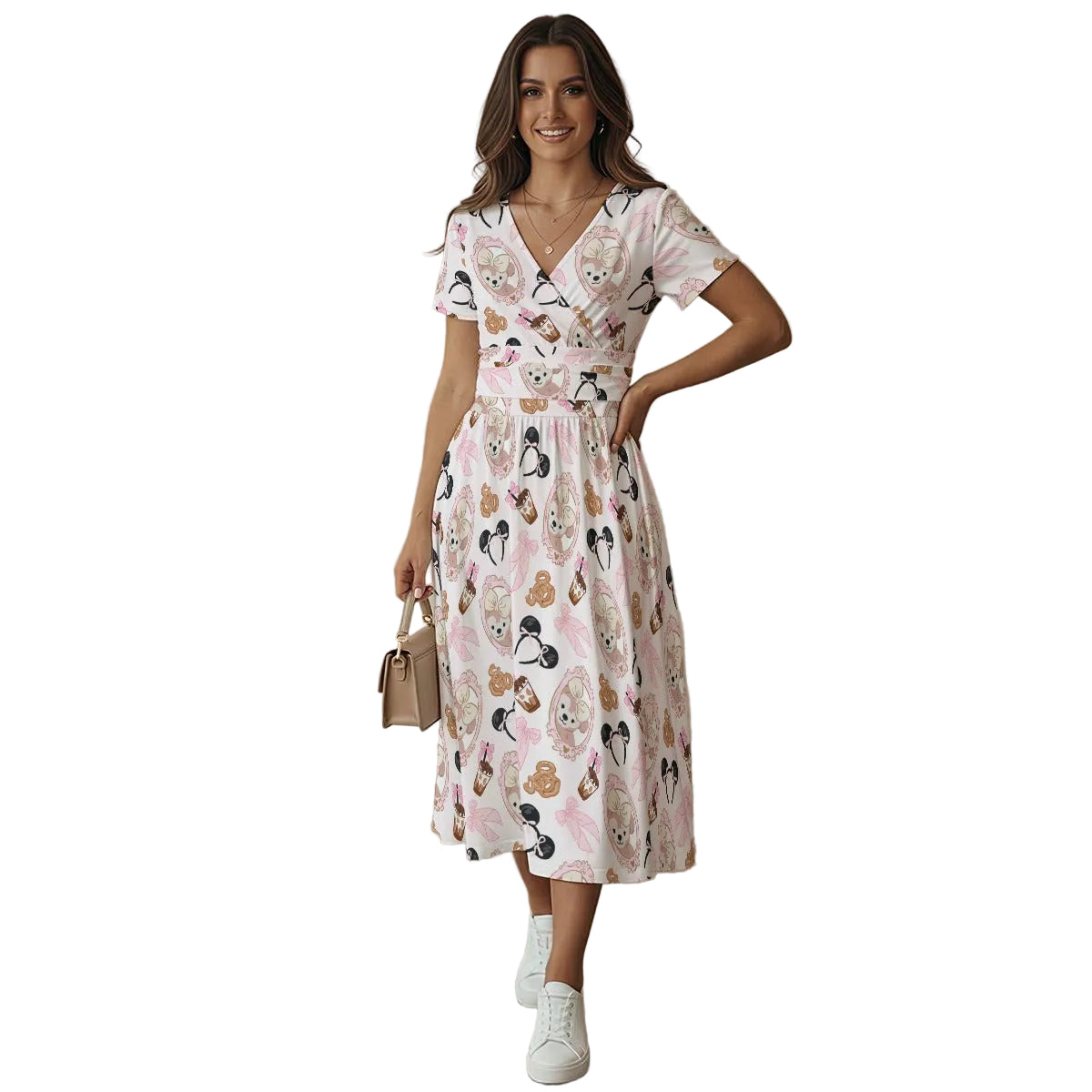 Bow Bear Sweet Day - Women's V-Neck Ruched Midi Dress