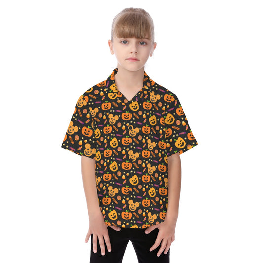 Cheerful Pumpkin Mouse Halloween - Kid's Hawaiian Button Up Shirt