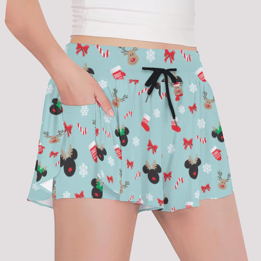 Festive Reindeer Mouse Holidayeers - Girls’ Flowy Pocket Shorts