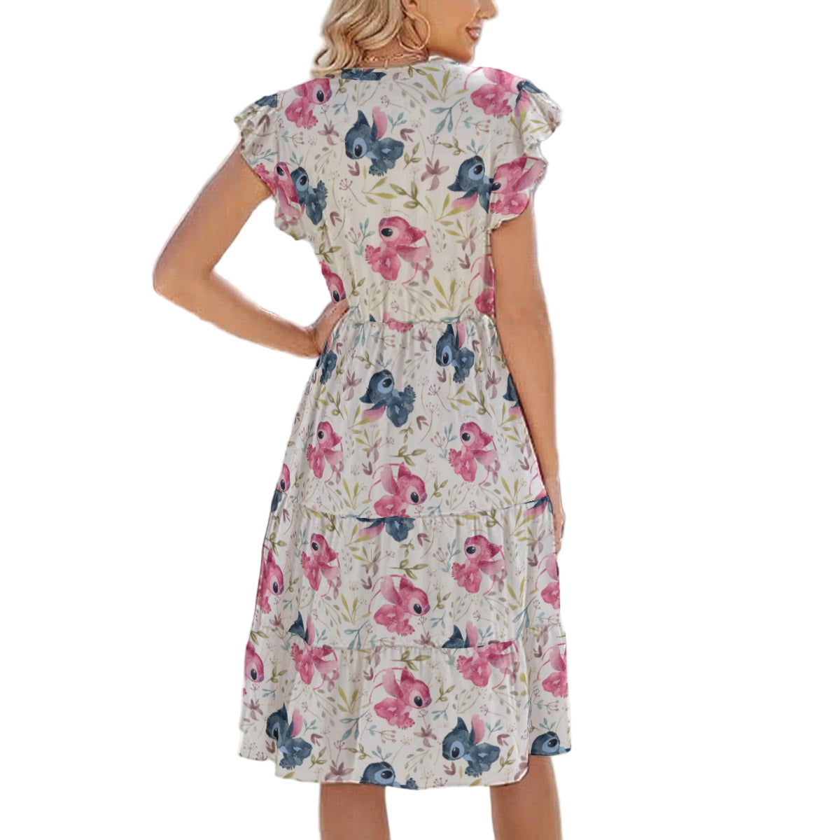 Blue Alien & Pink Friend Love - Women's Tiered Pocket Midi Dress