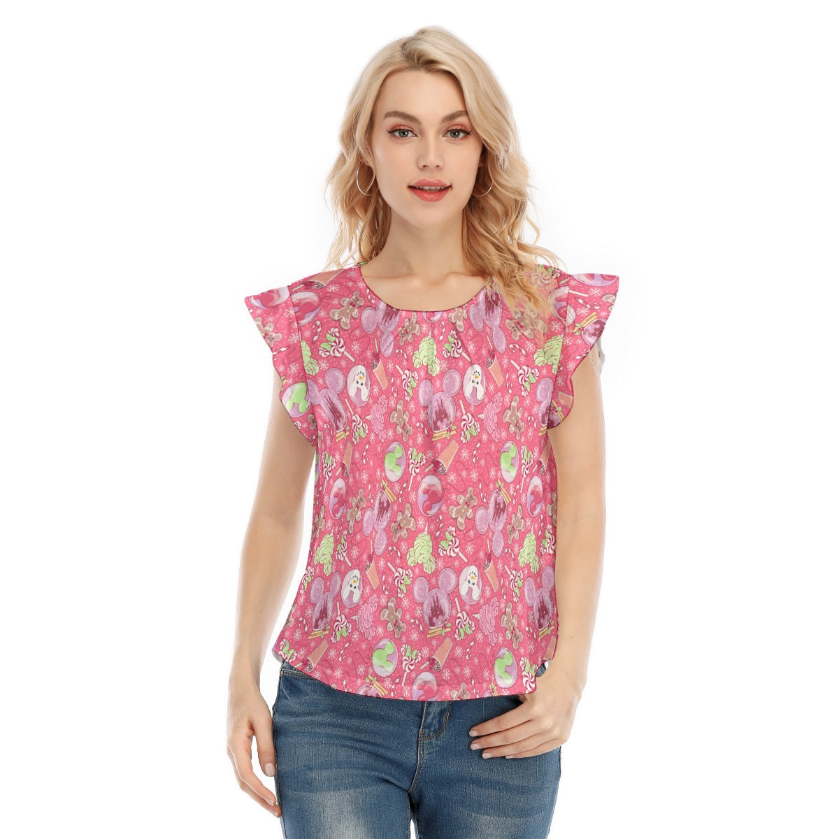 Winter Mouse Snacks & Balloons - Women’s Flutter Sleeve Top