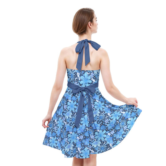 Blue Crystal Moths - Women's Halter Vintage Pocket Dress