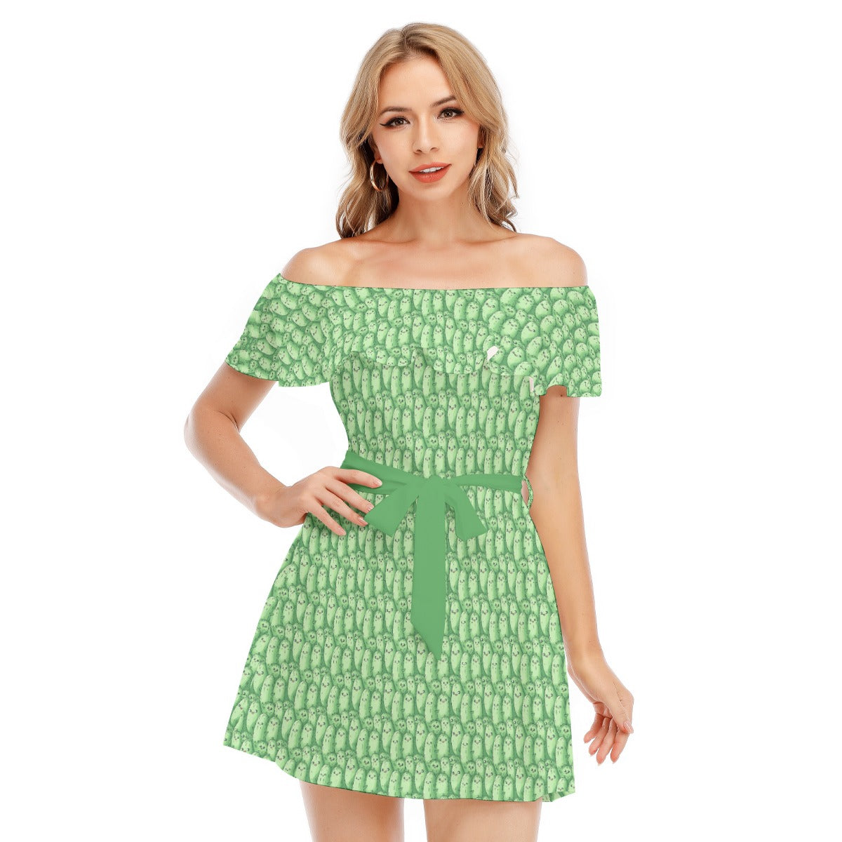 Kawaii Pickle Party - Women's Off-shoulder Ruffle Dress