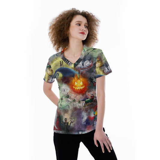 Watercolor Nightmare Town - Women's Short Sleeve V-Neck T-Shirt