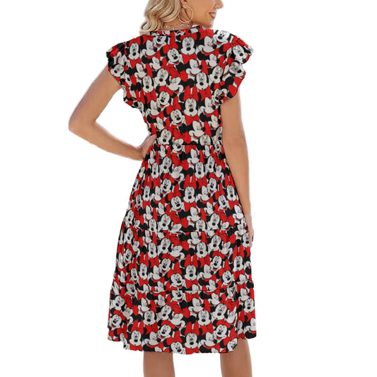 Many Faces of Polka Dot Mouse - Women's Tiered Pocket Midi Dress