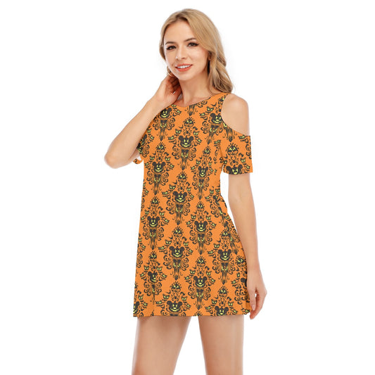 Haunted Halloween Mansion Wallpaper - Women's Cold Shoulder Cotton Dress