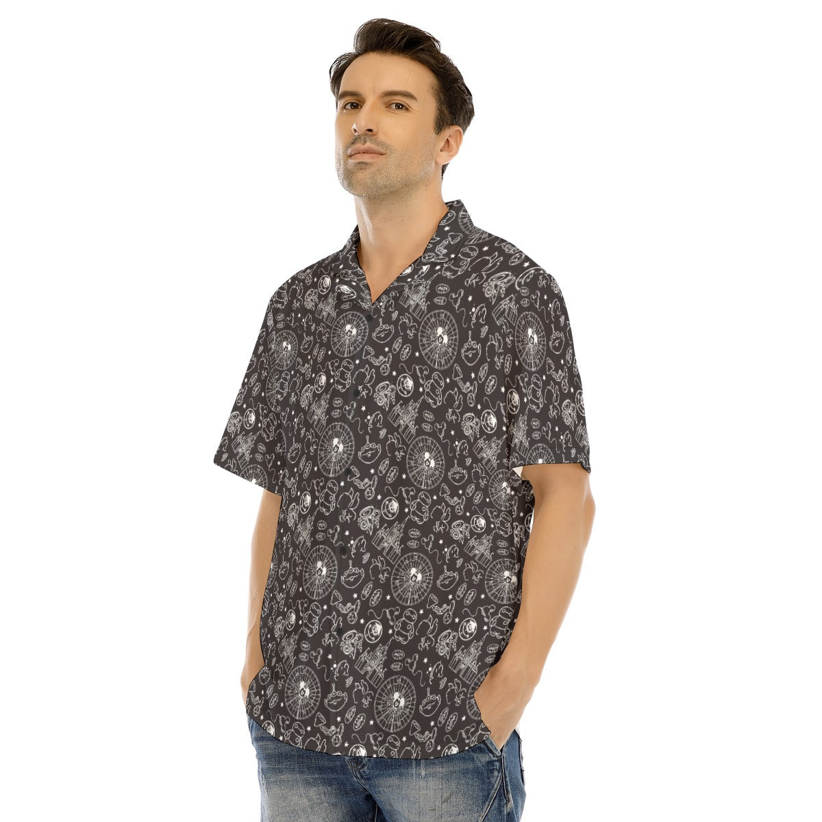 Monochrome Theme Park Icons - Men's Hawaiian Button Up Shirt