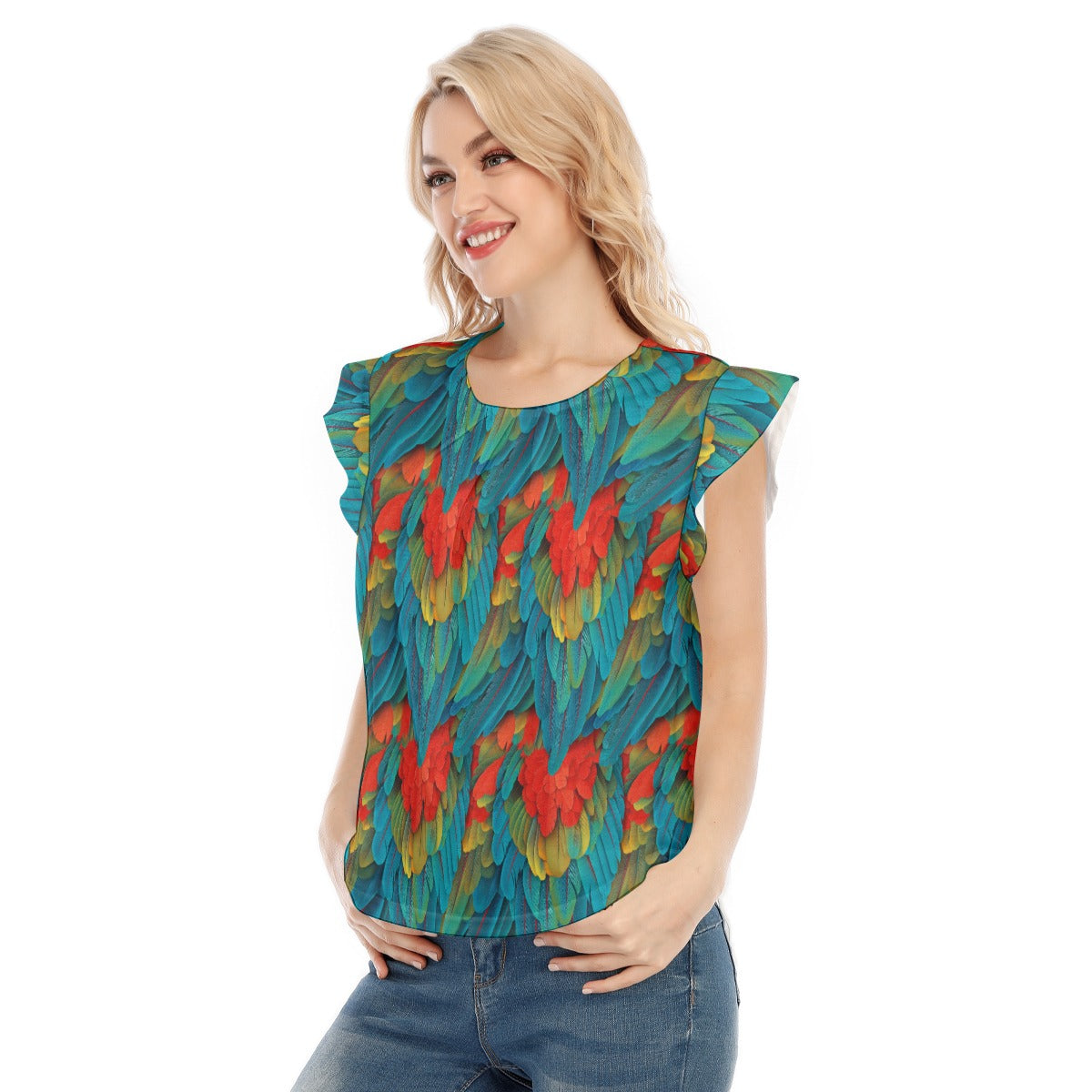 Animal Print - Macaw Parrot - Women’s Flutter Sleeve Top
