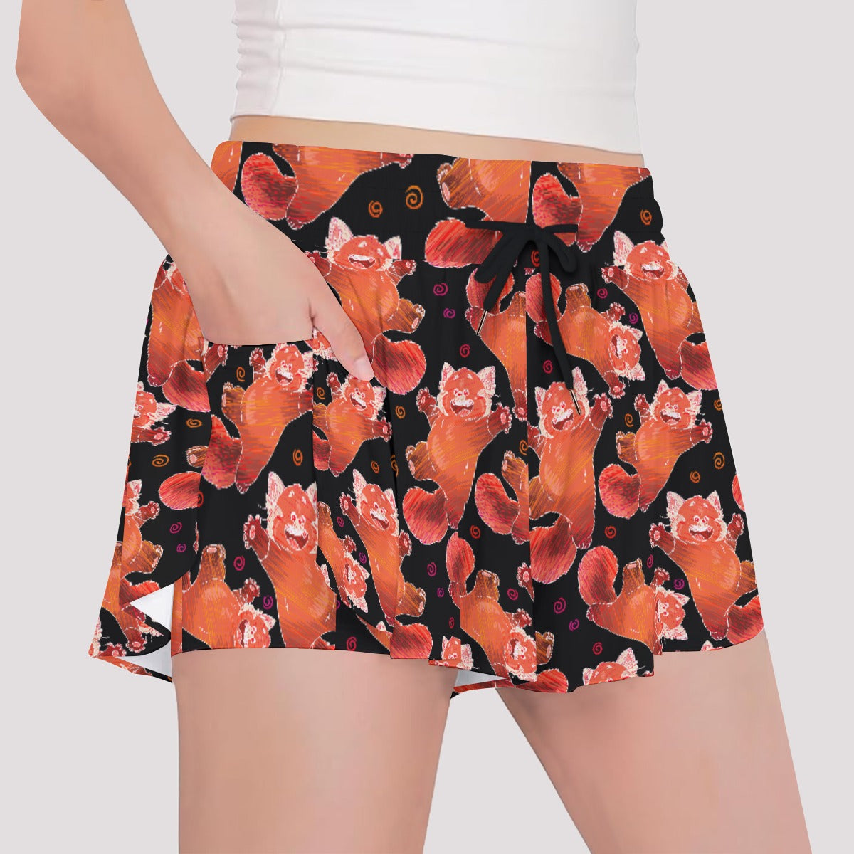 Scribbly Red Panda - Girls’ Flowy Pocket Shorts