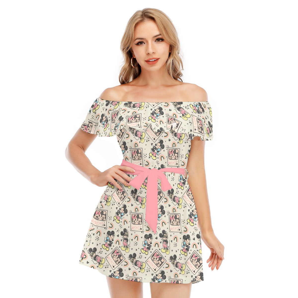 Retro Camera Mouse - Women's Off-shoulder Ruffle Dress