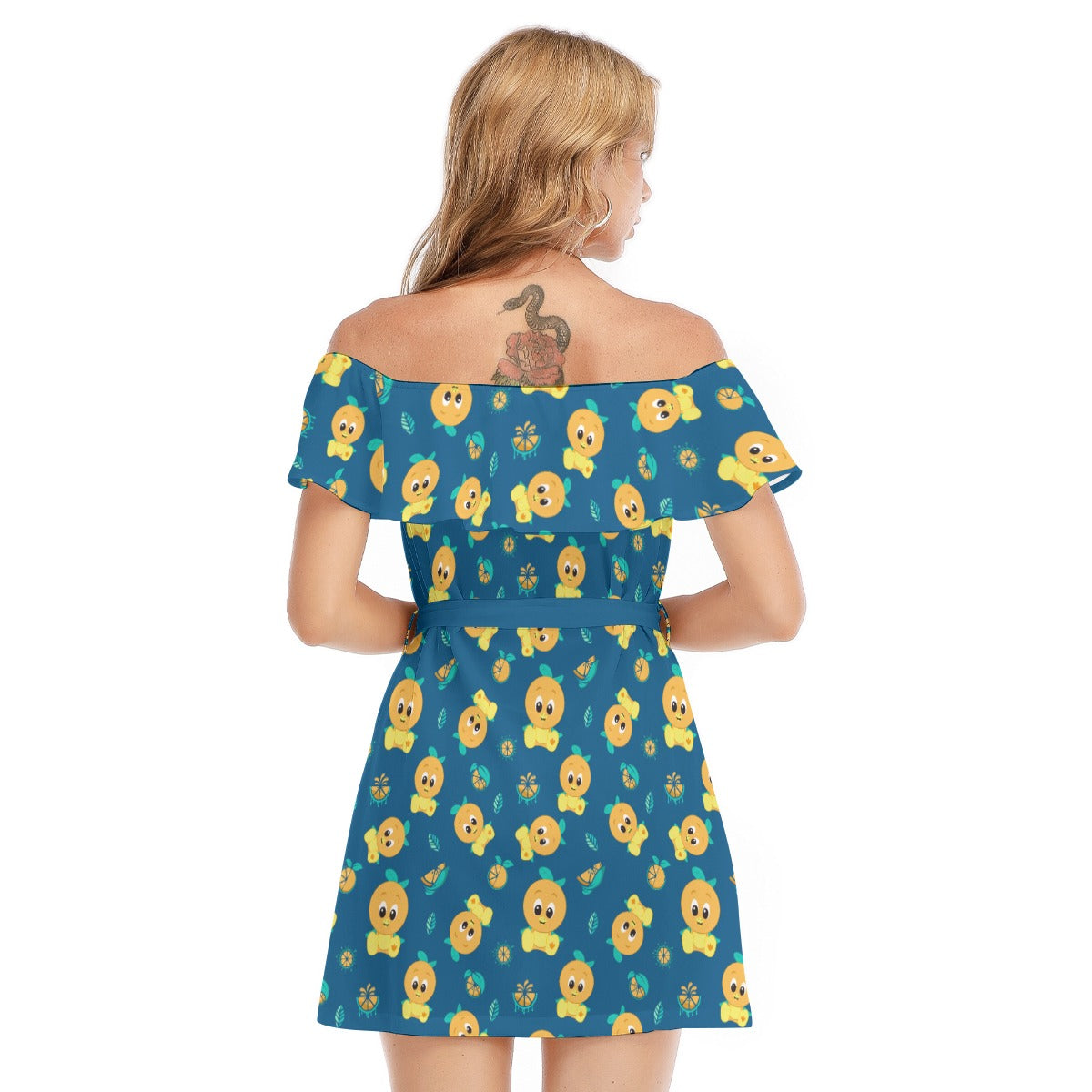 Cheerful Citrus Bird - Women's Off-shoulder Ruffle Dress