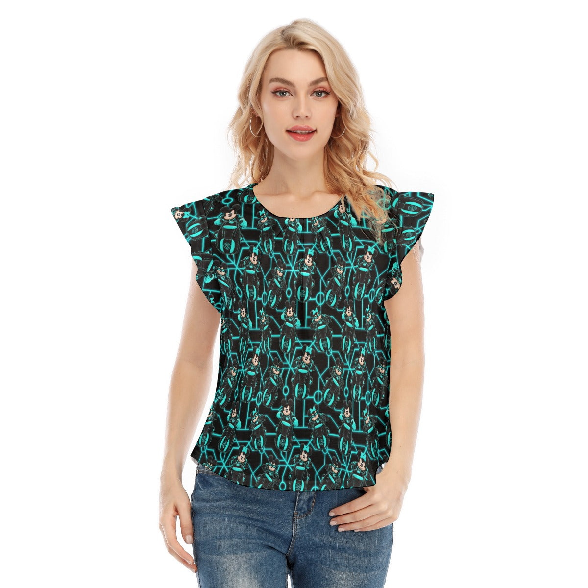 Electric Neon Grid Adventure - Women’s Flutter Sleeve Top
