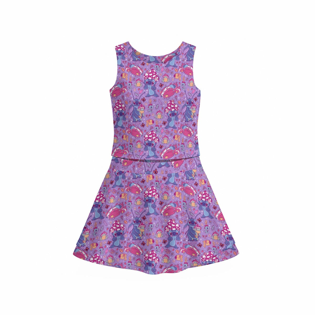 Blue Alien Mushroom Mischief - Women’s Athletic Skort Set with Open-Back Crop Top