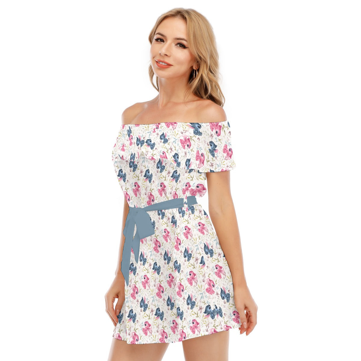Blue Alien & Pink Friend Love - Women's Off-shoulder Ruffle Dress