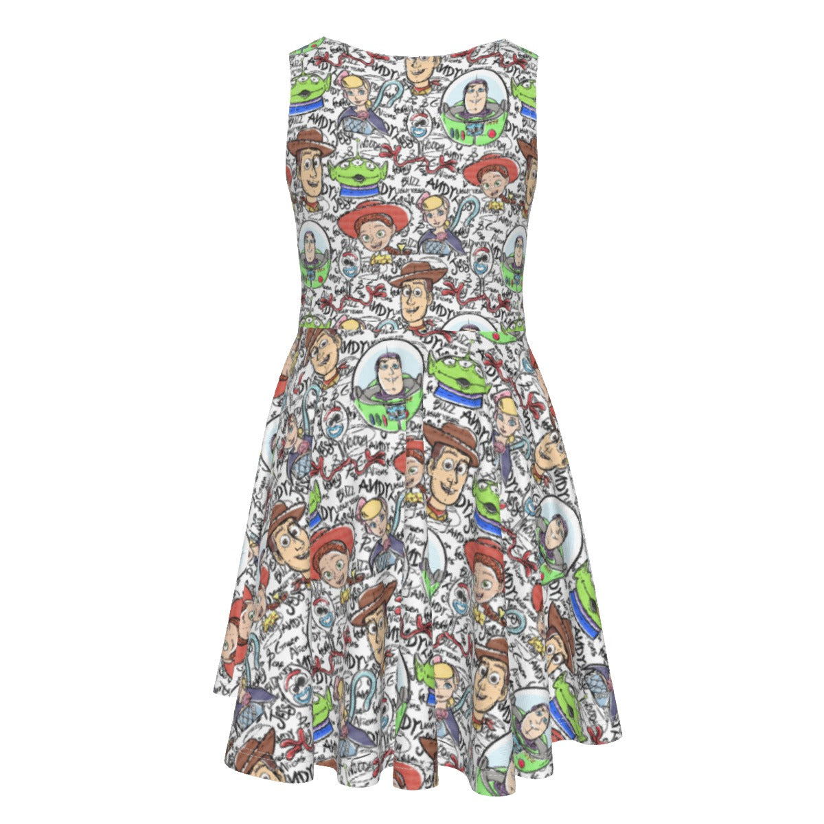 Sketch Autographs of Animated Toy Friends - Kid's Sleeveless Skater Dress