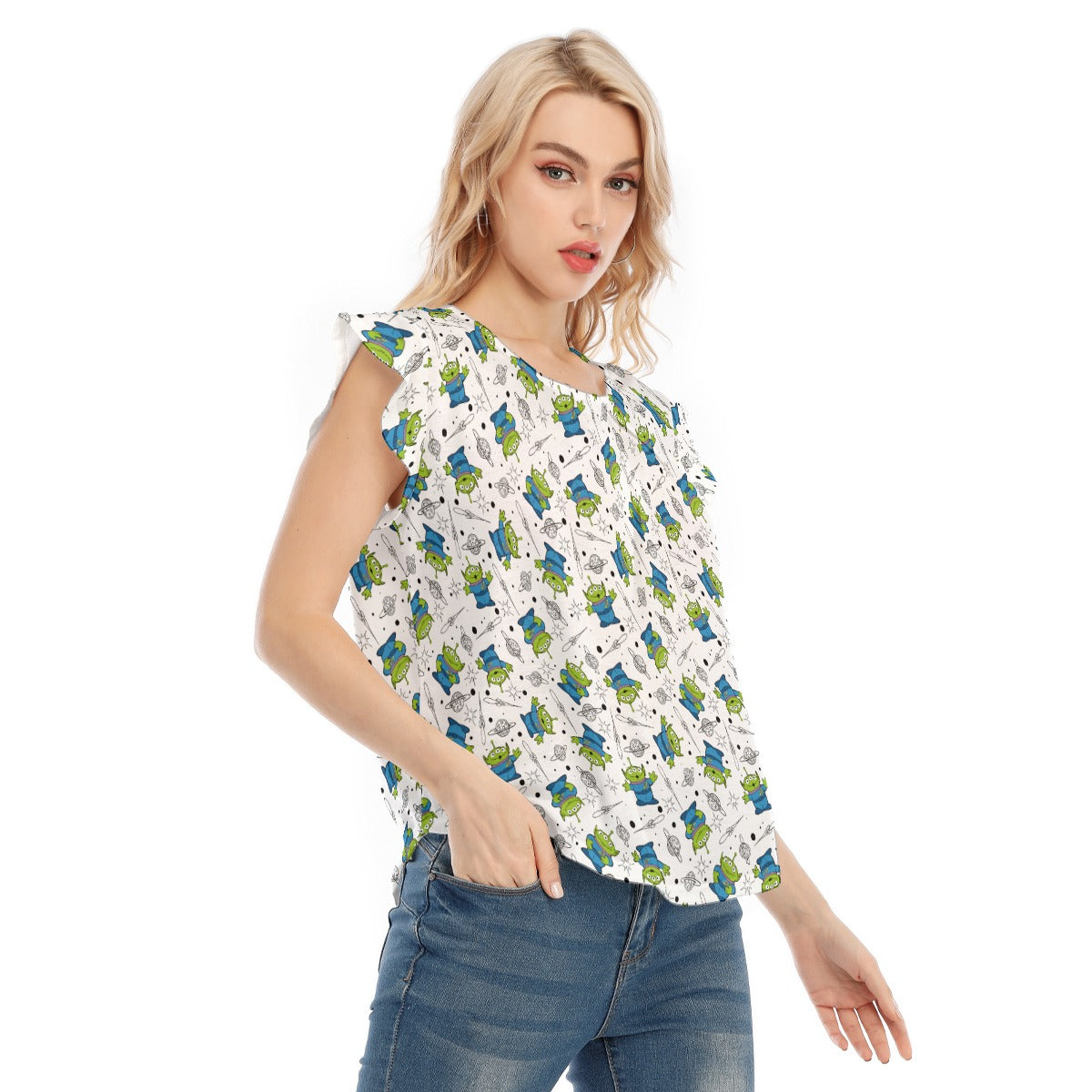 Playful Green Aliens on White - Women’s Flutter Sleeve Top