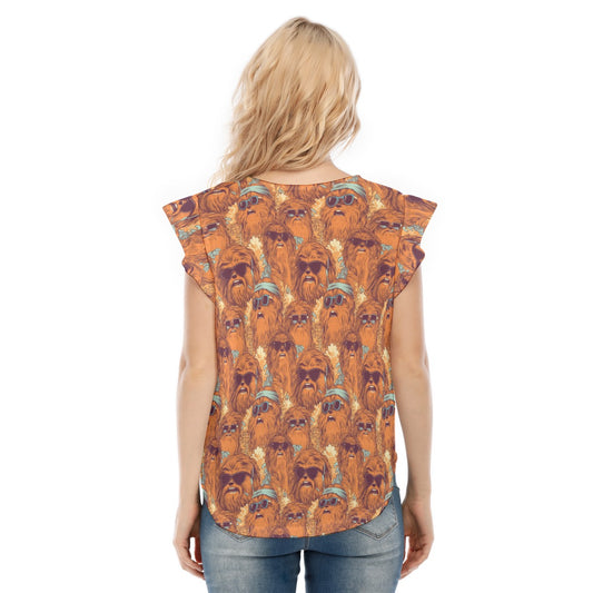 Retro Furry Friend Summer Vibes - Women’s Flutter Sleeve Top