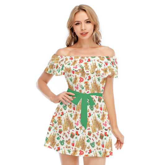 Gingerbread Castle Holiday Treats - Women's Off-shoulder Ruffle Dress