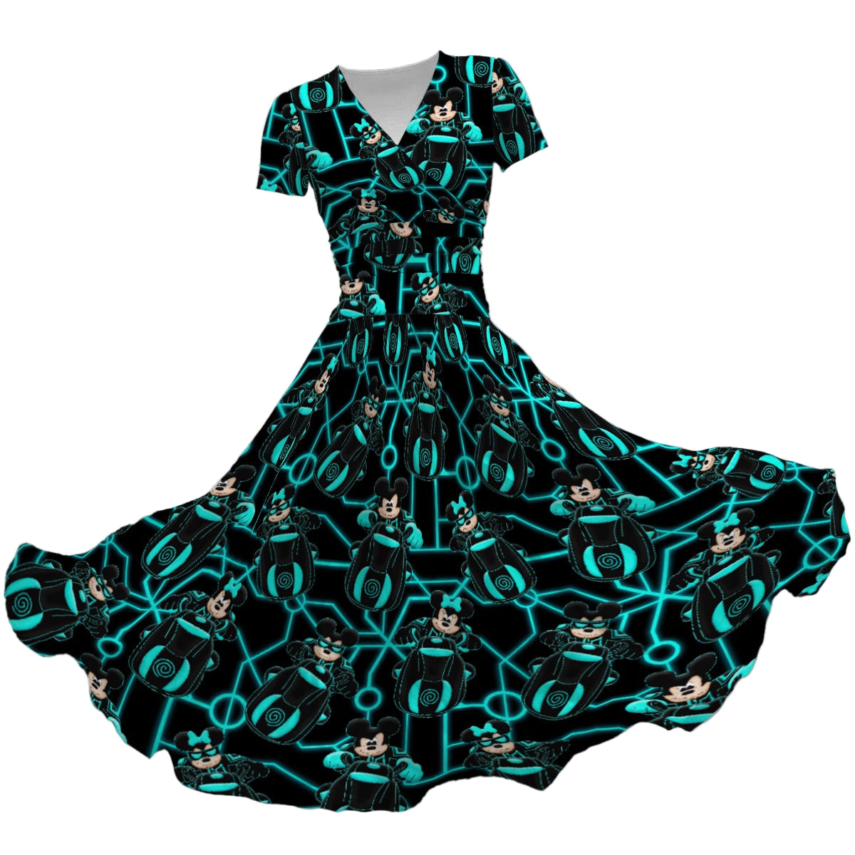 Electric Neon Grid Adventure - Women's V-Neck Ruched Midi Dress