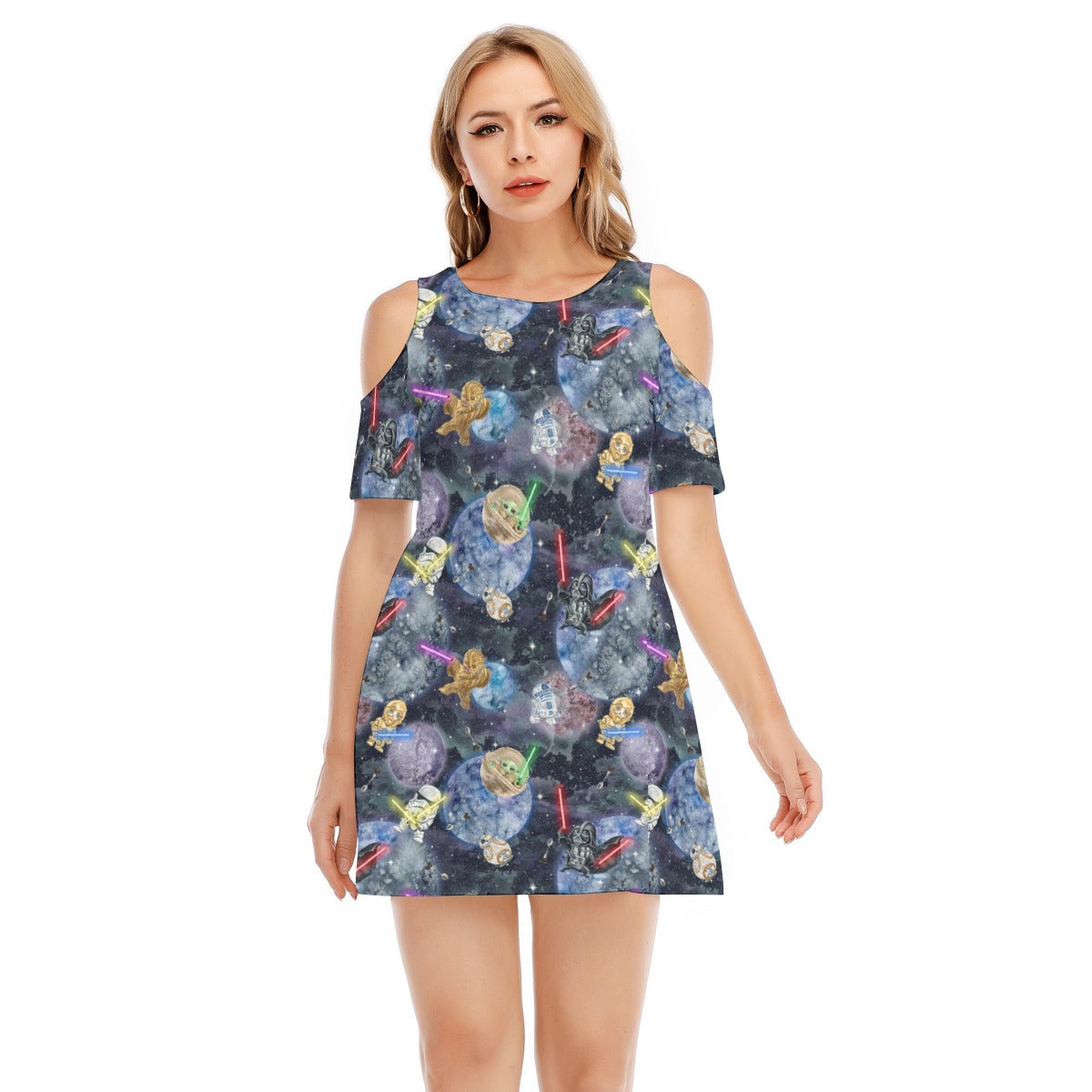 Watercolor Cosmic Battle - Women's Cold Shoulder Cotton Dress