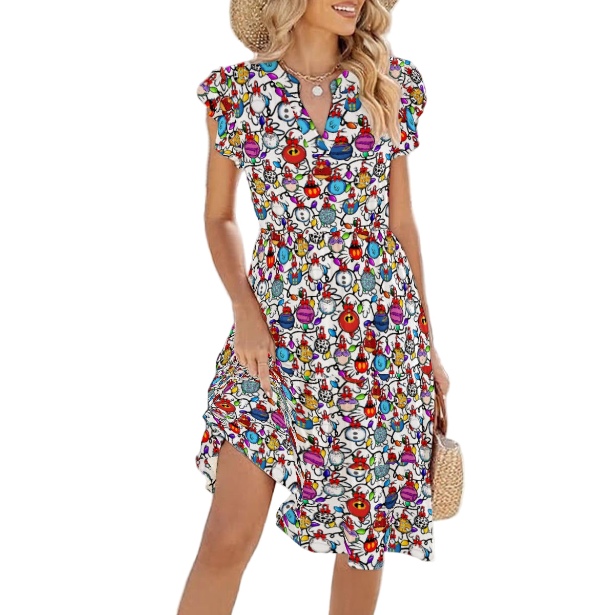Festive Character Baubles on White - Women's Tiered Pocket Midi Dress