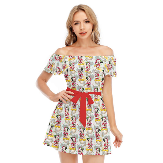 Santa Mouse Celebration - Women's Off-shoulder Ruffle Dress