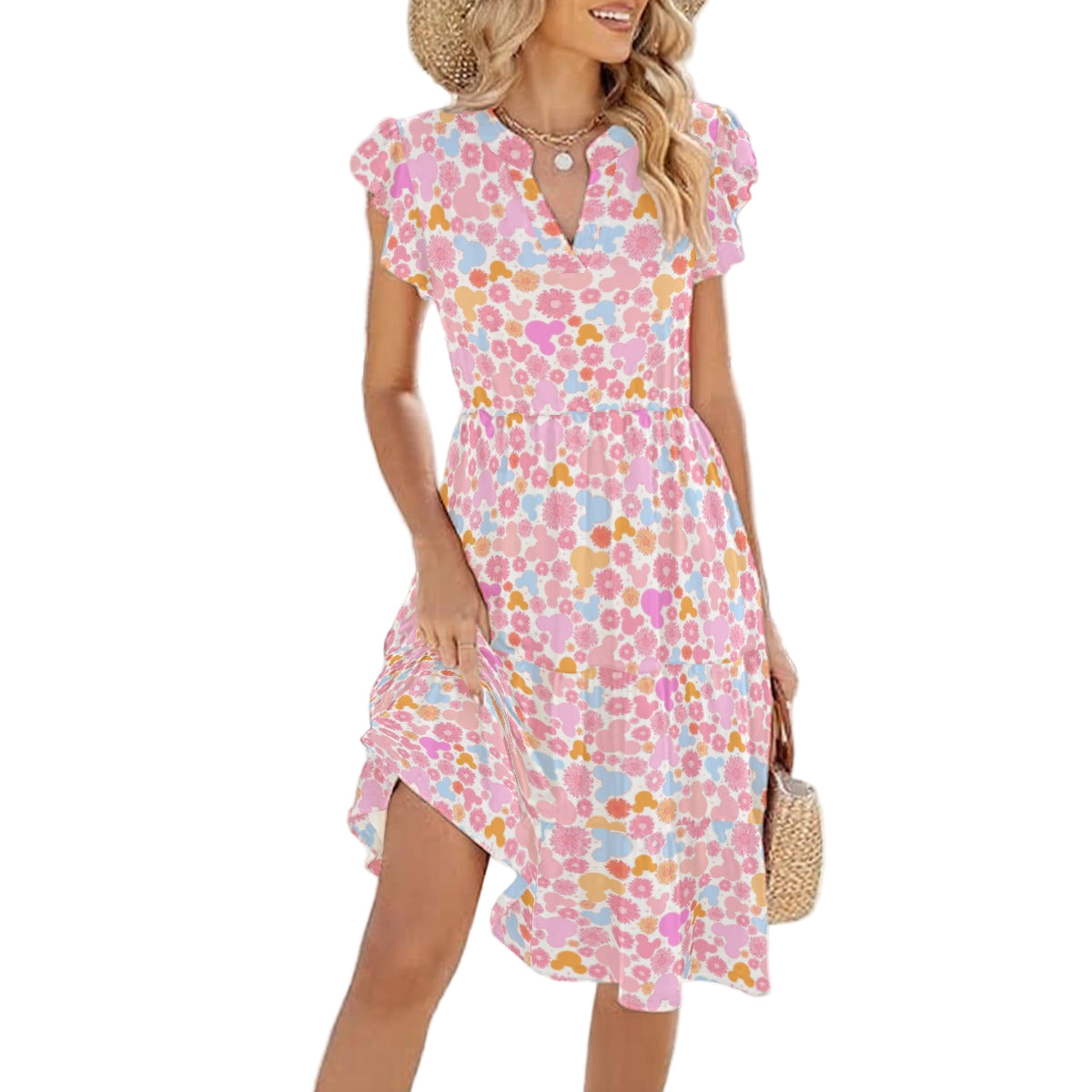 Retro Floral Mouse - Women's Tiered Pocket Midi Dress