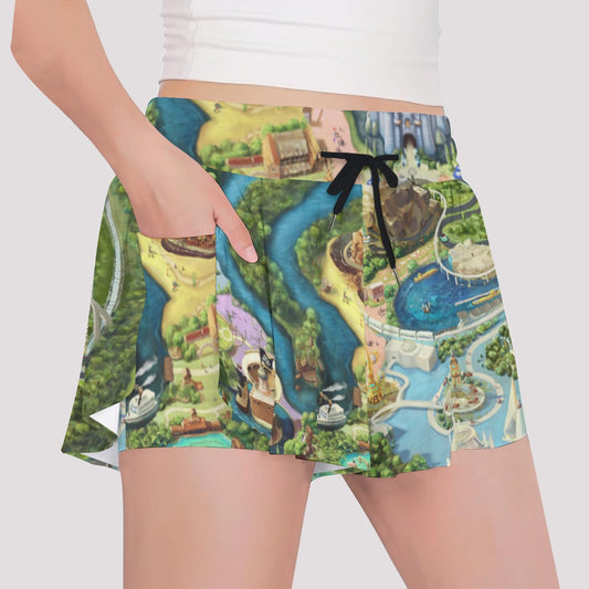 Colorful Theme Park Map - Girls’ Flowy Pocket Shorts