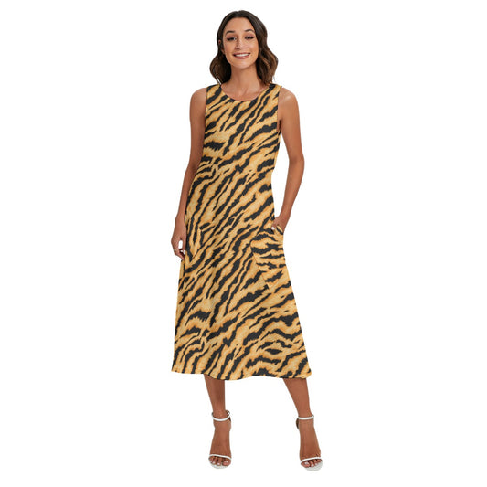 Animal Print - Tiger - Women’s Diagonal Pocket Midi Dress