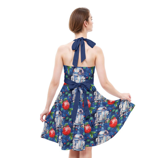 Little Blue Christmas Droid - Women's Halter Vintage Pocket Dress