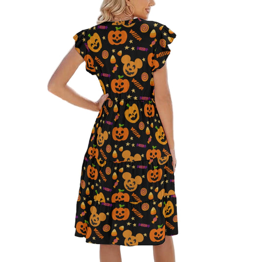 Cheerful Pumpkin Mouse Halloween - Women's Tiered Pocket Midi Dress