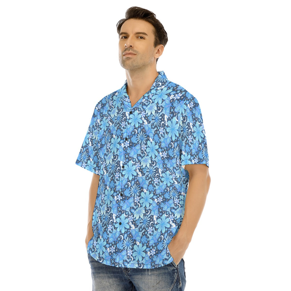 Blue Crystal Moths - Men's Hawaiian Button Up Shirt