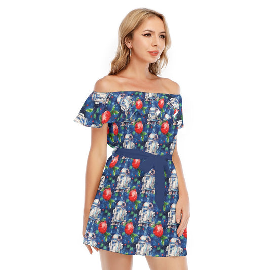 Little Blue Christmas Droid - Women's Off-shoulder Ruffle Dress