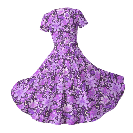 Purple Crystal Moths - Women's V-Neck Ruched Midi Dress