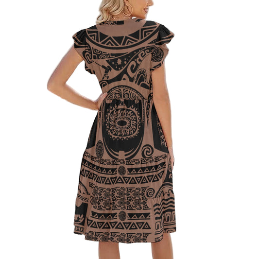 Polynesian Tattoo Motifs - Women's Tiered Pocket Midi Dress