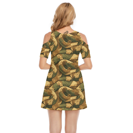 Animal Print - Snake - Women's Cold Shoulder Cotton Dress