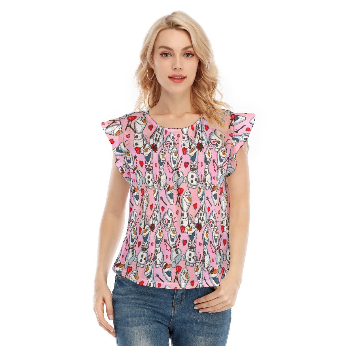Sketched Snowman Valentine’s Day - Women’s Flutter Sleeve Top