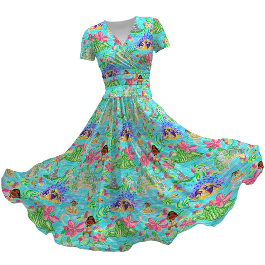 Tropical Island Paradise - Women's V-Neck Ruched Midi Dress