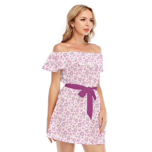 Rainbow Bow Kitty - Women's Off-shoulder Ruffle Dress