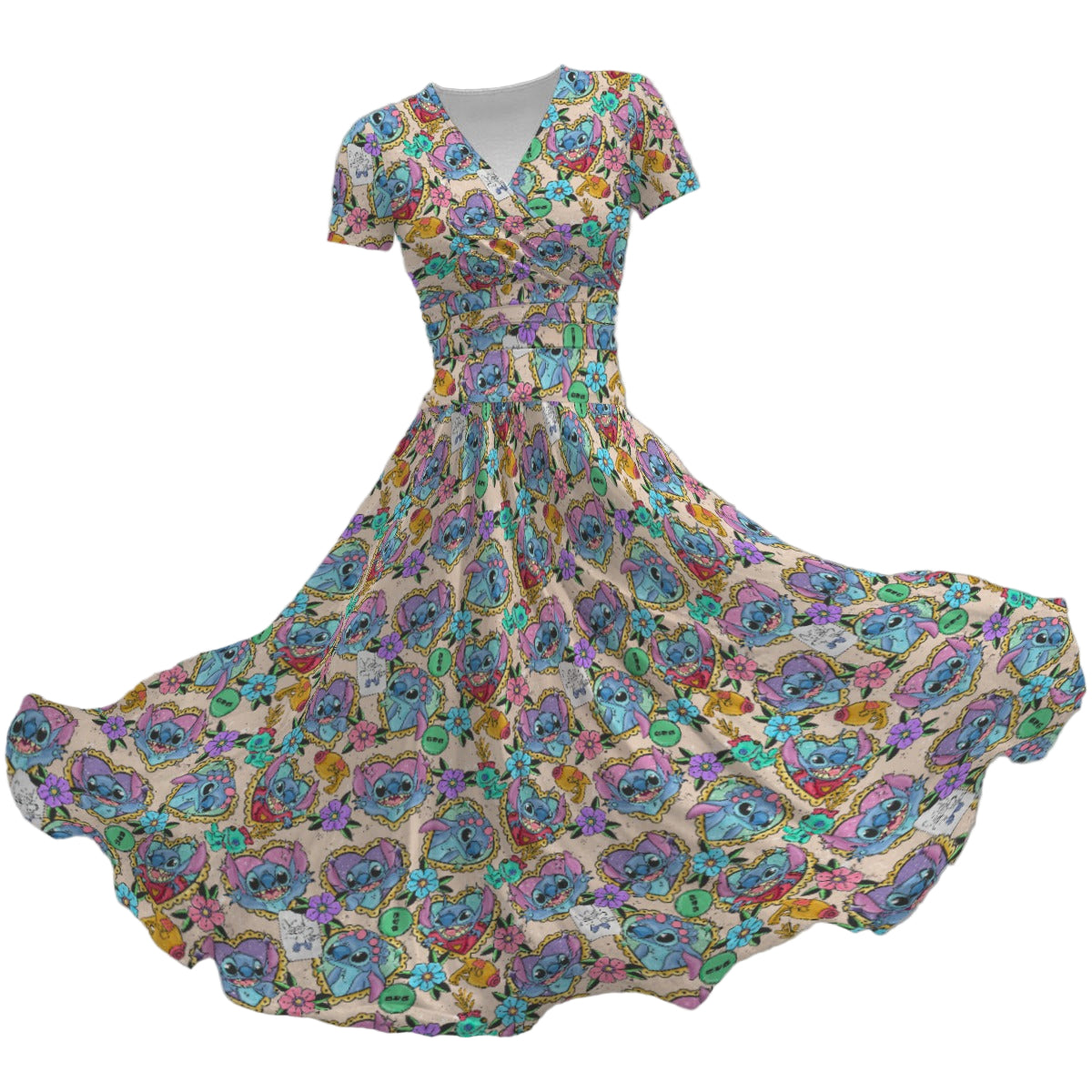 Tattoo Hearts Island Mischief - Women's V-Neck Ruched Midi Dress