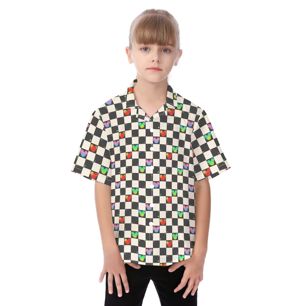 Rainbow Checker Mouse Ears - Kid's Hawaiian Button Up Shirt