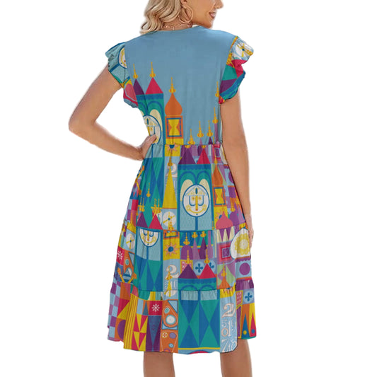 Whimsical World Facade - Women's Tiered Pocket Midi Dress
