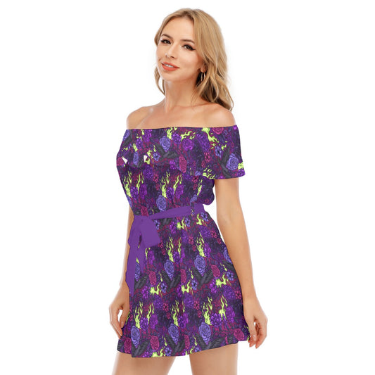 Fairytale Florals - Dark Enchantress - Women's Off-shoulder Ruffle Dress